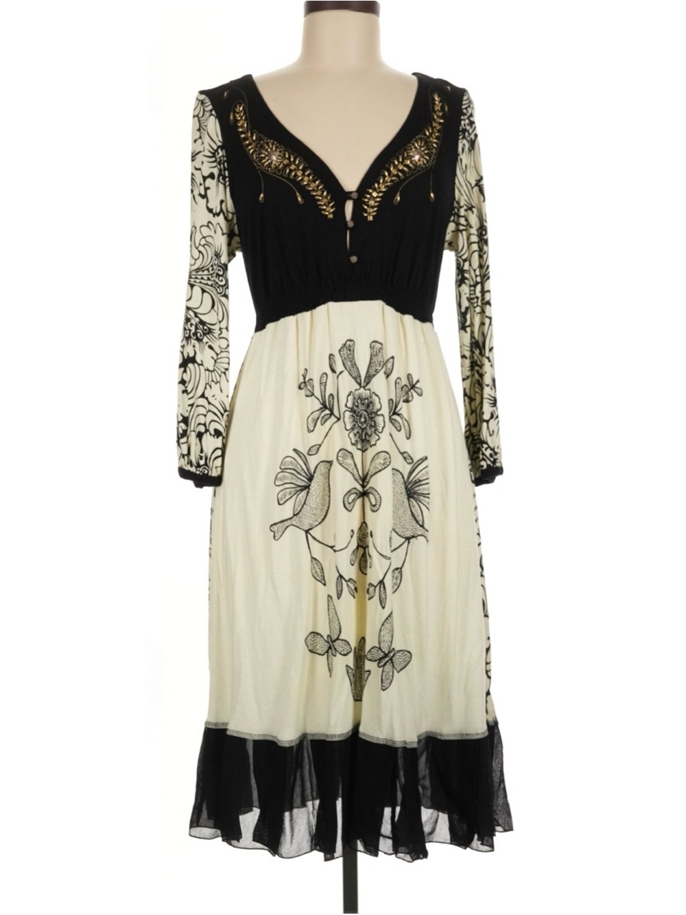 Boho Black and Cream Embroidered Midi Dress